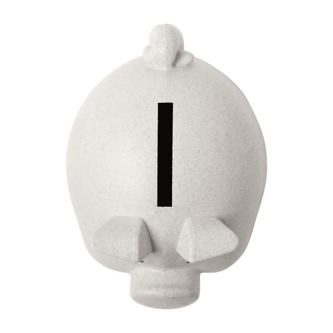 A white piggy bank in a cartoonish pig shape with a vertical slot on top and flat ears.