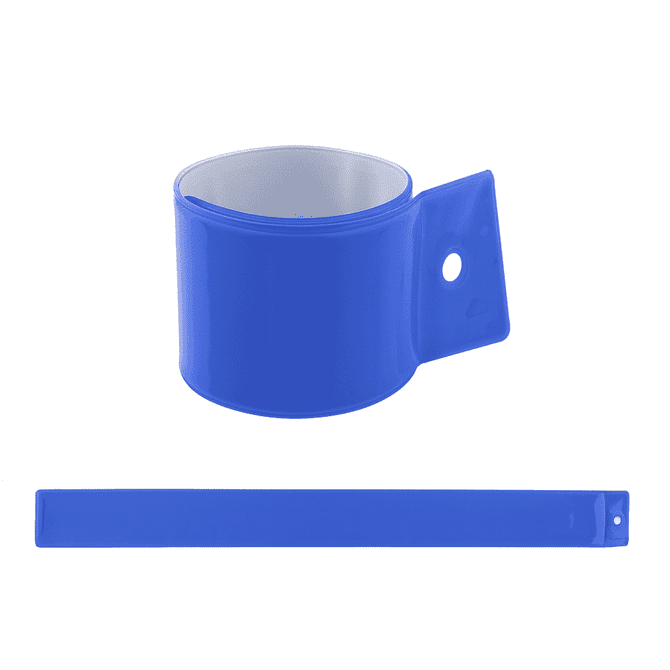 A blue reflective wristband with a solid design, featuring a loop for fastening. Includes a branding logo.