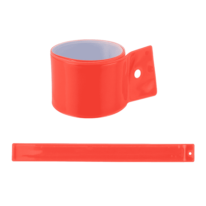 A bright red reflective wristband with a cylindrical section and a strap, featuring a logo.