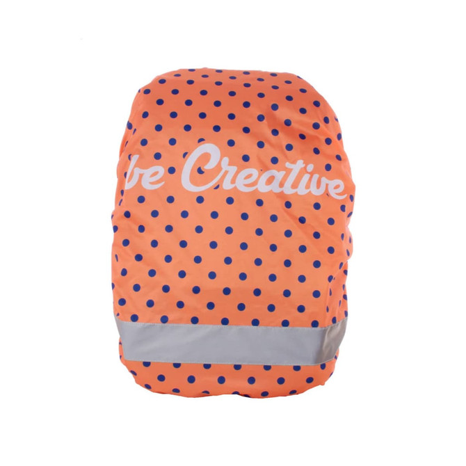 An orange and navy polka-dotted backpack cover with a reflective strip and a logo on the front.