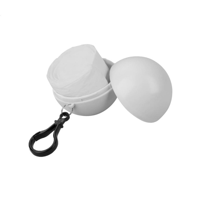 A white poncho rolled inside a round keyring case with a black clip. The case is open, displaying the poncho inside.
