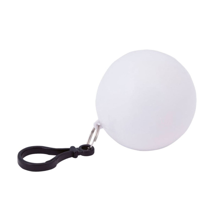 A white ball-shaped keyring with a black clip attachment. The product features a logo.