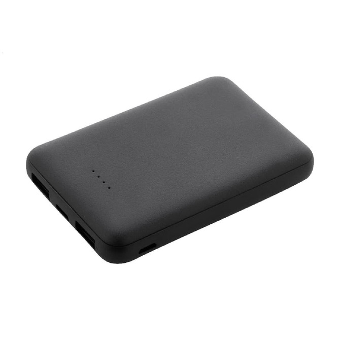A black power bank with a sleek, matte finish, featuring multiple ports and a small logo.