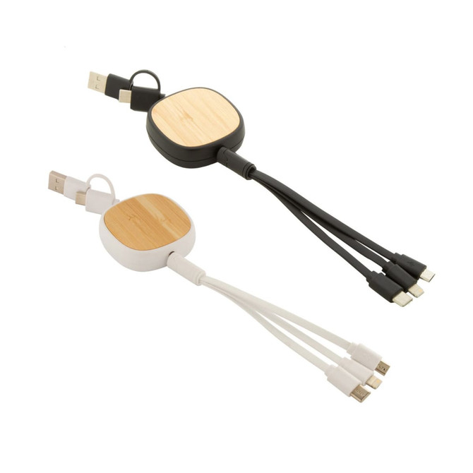 A USB charger cable set featuring telescopic design, with bamboo and recycled ABS in black and white colours.