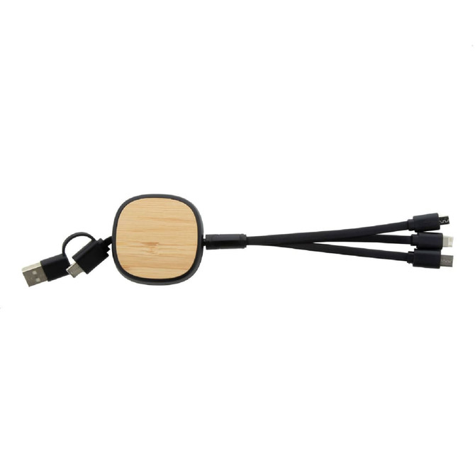 A USB charger cable with a bamboo centre and black connectors, featuring multiple connection options.