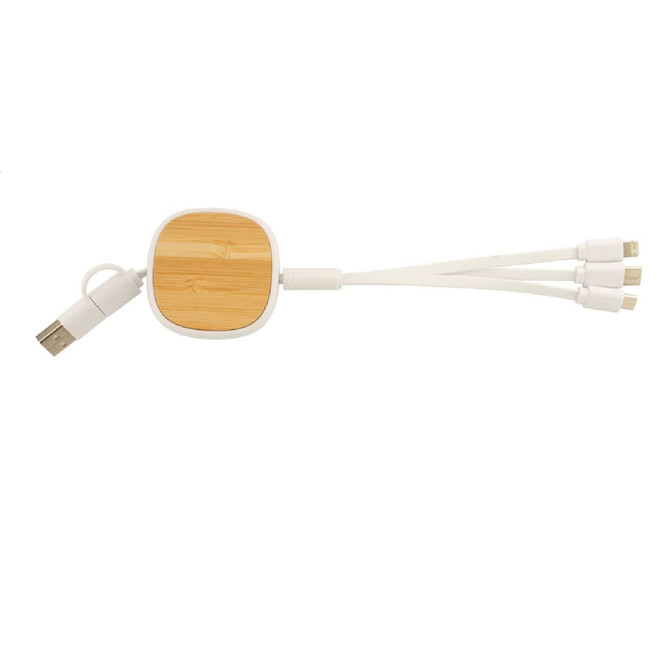 A USB charger cable featuring a bamboo and white recycled ABS design, with multiple connection tips.