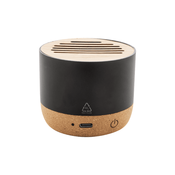 A wireless speaker with a natural wood top and a black and cork base, featuring a power button and USB-C port.