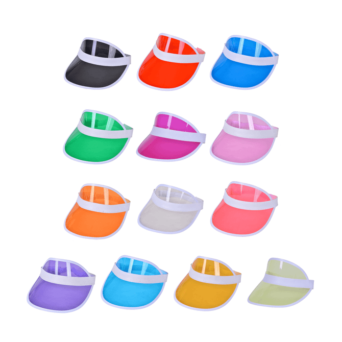 A collection of PVC sun visors in various colours, including black, orange, green, pink, and yellow, with white bands.