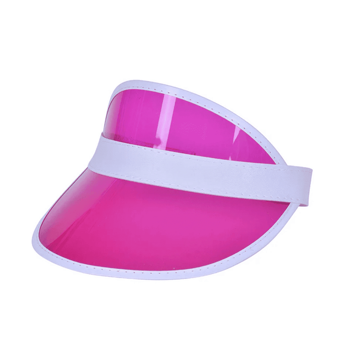 A pink PVC sun visor with a white band. The visor features a large, curved, translucent front.
