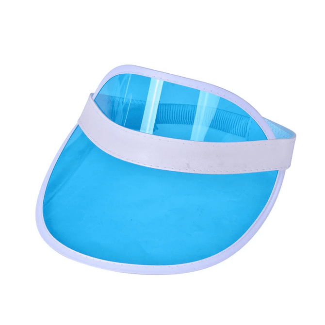 A blue PVC sun visor with a white band, featuring a curved visor shape and a clear, reflective surface.