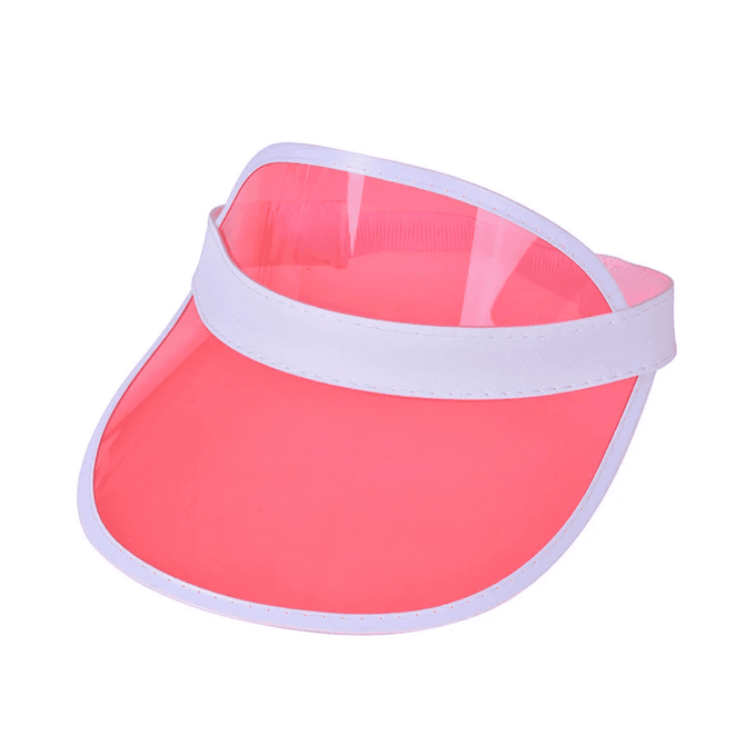 A pink PVC sun visor with a white band, featuring a transparent visor design.