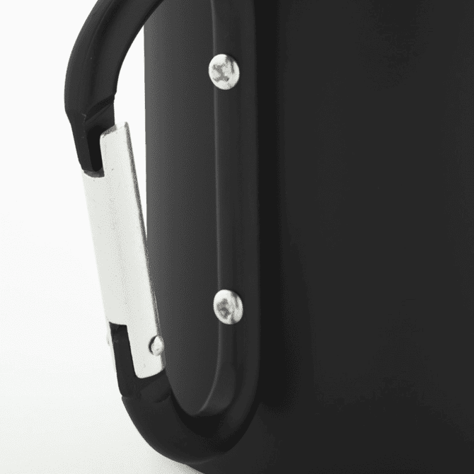 A drink bottle featuring a sleek black design with a metallic handle and silver screws, accompanied by a logo.
