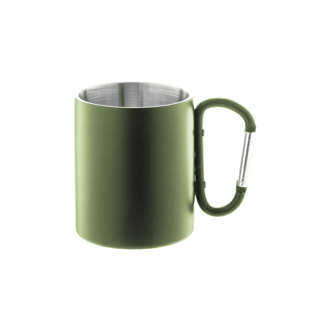 A green thermo mug with a stainless steel interior and a carabiner-style handle. It has a logo.