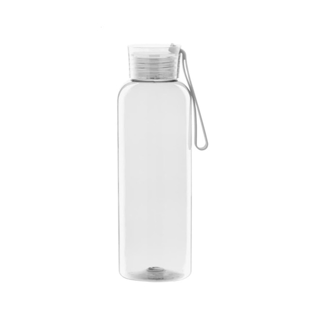 A drink bottle made of clear material with a white cap and a looped handle. Features a logo on the front.