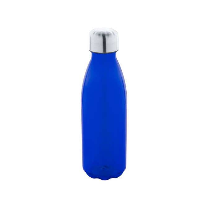 A drink bottle in vibrant blue with a silver stainless steel cap and a smooth, rounded body.