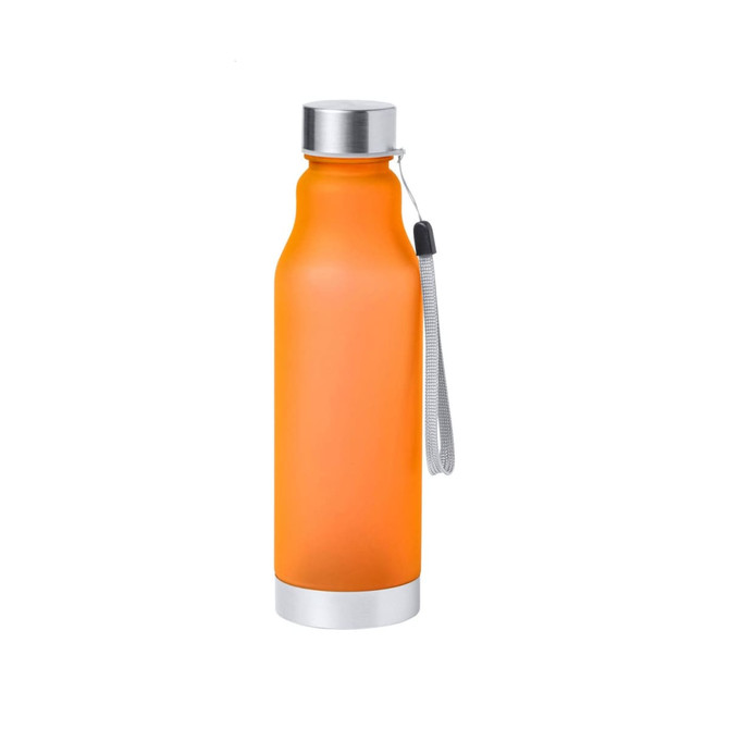 A drink bottle in vibrant orange with a stainless steel lid and a grey strap, featuring a logo on the side.