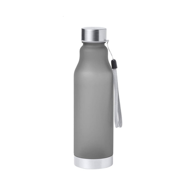 A drink bottle in matte grey with a silver cap and a wrist strap, featuring a logo on the side.