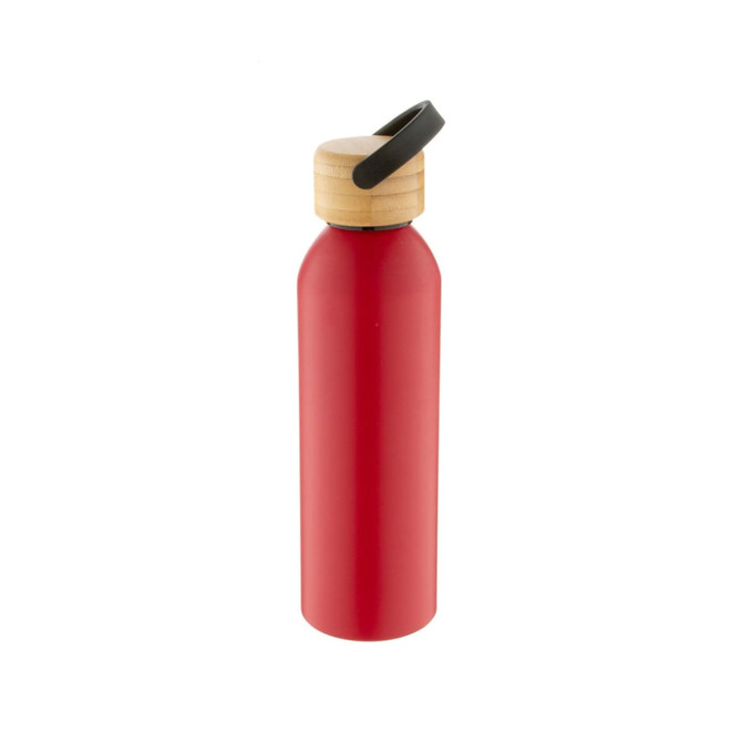 A drink bottle in red with a wooden and black cap, featuring a minimalistic design and a logo.