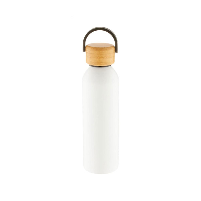 A drink bottle featuring a sleek white aluminium design with a wooden lid and a stylish metal handle.