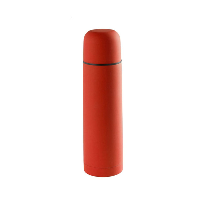 A drink bottle in a vibrant red colour with a sleek design and a black accent line around the middle. It features a logo.