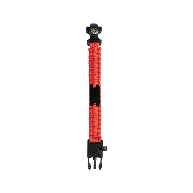 A red survival bracelet featuring a compass and a black clasp. The bracelet is made of woven paracord.