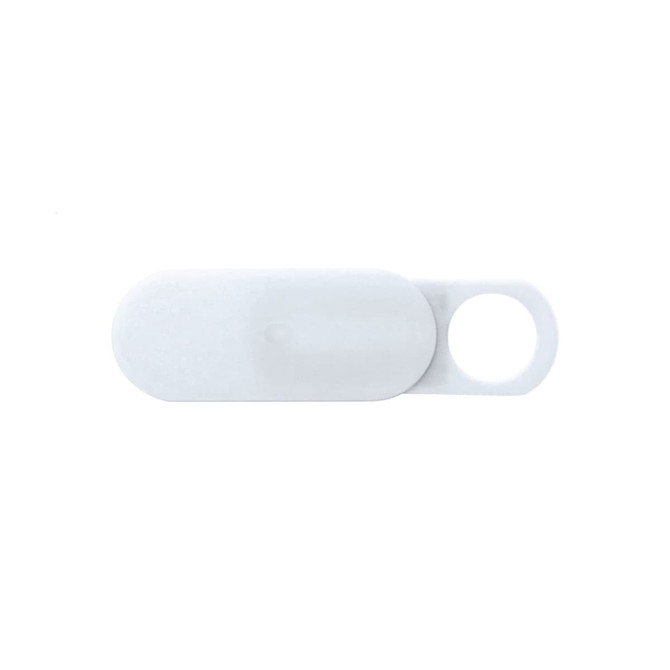 A sliding webcam blocker in white, featuring a round hole for easy attachment or use.