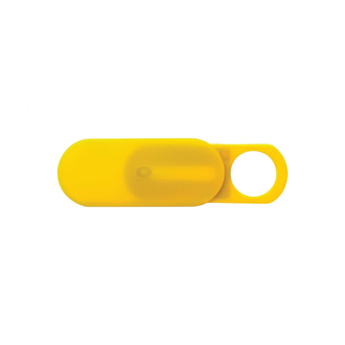 A yellow sliding webcam blocker with an oval shape and a circular hole for easy attachment.