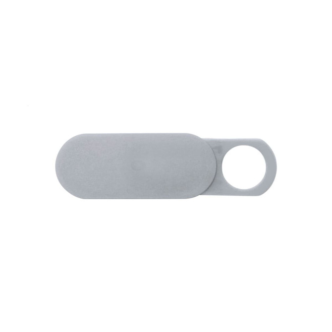 A grey sliding webcam blocker with a circular hole for easy attachment. Features a sleek, minimalist design.