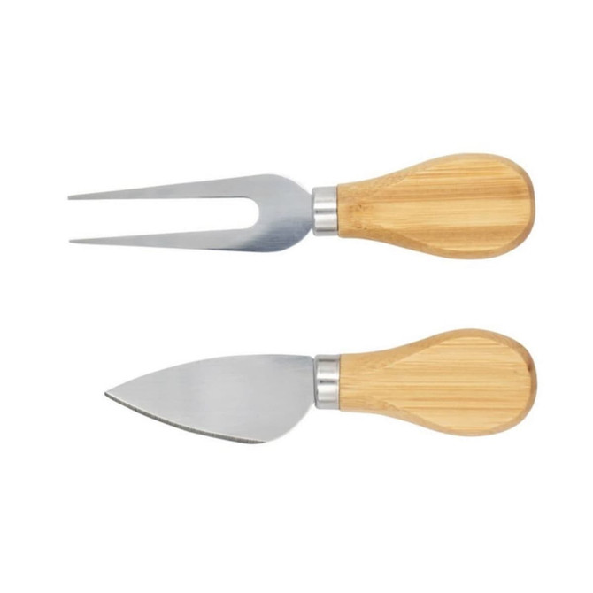 A bamboo cheese set featuring a fork and a knife with metal blades and bamboo handles.