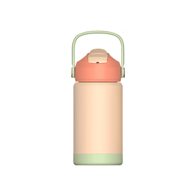 A drink bottle in peach and pale green, featuring a handle and a secure lid, with a logo on the design.