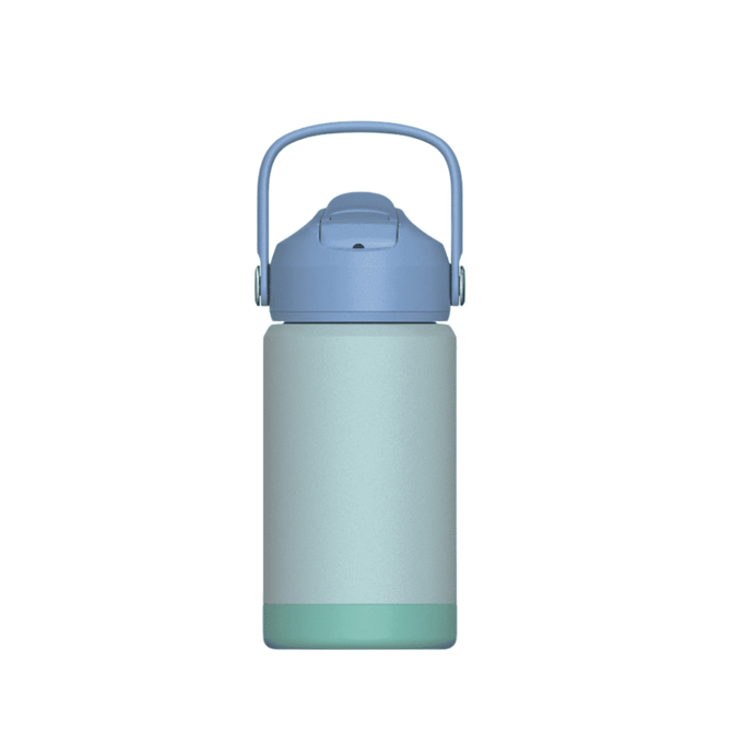 A drink bottle featuring a stainless steel design in a gradient of light blue to green with a removable lid and handle.