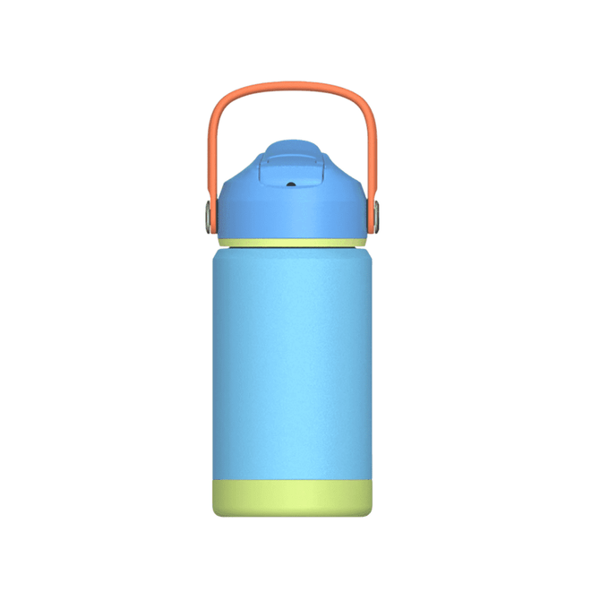 A drink bottle in blue and green, featuring a lid with an orange handle and a logo on the body.
