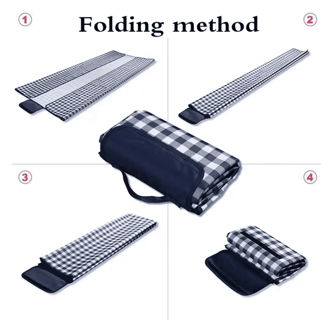 A picnic blanket in a checkered pattern, displayed in various stages of folding. It has a dark carry handle.