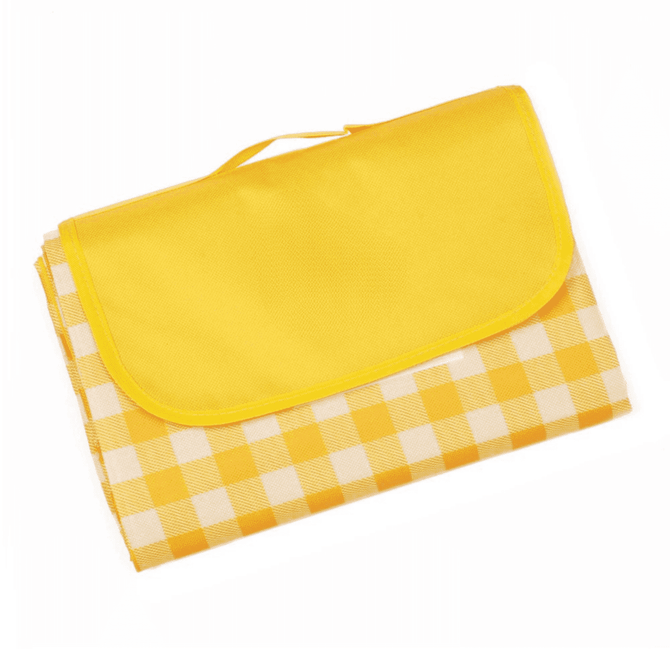 A yellow and white checkered picnic blanket, neatly folded with a matching yellow flap and carry handle.