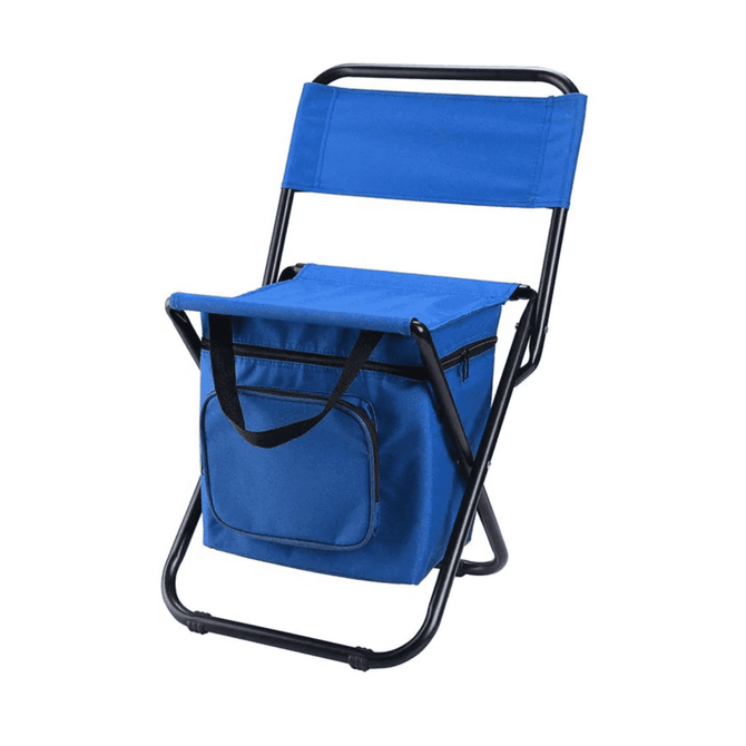 A blue foldable camping chair with a cooler bag attached beneath the seat and a simple black frame.