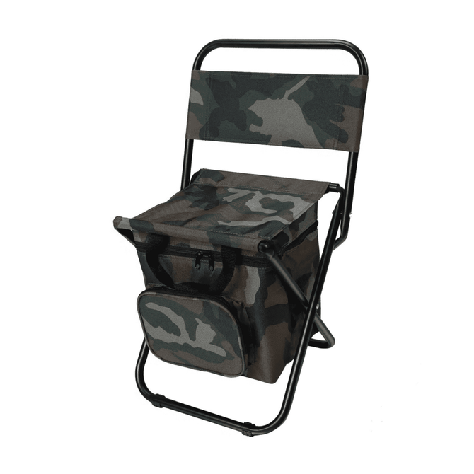A camouflaged foldable camping chair with a cooler bag underneath and a sturdy black frame. The product includes branding.