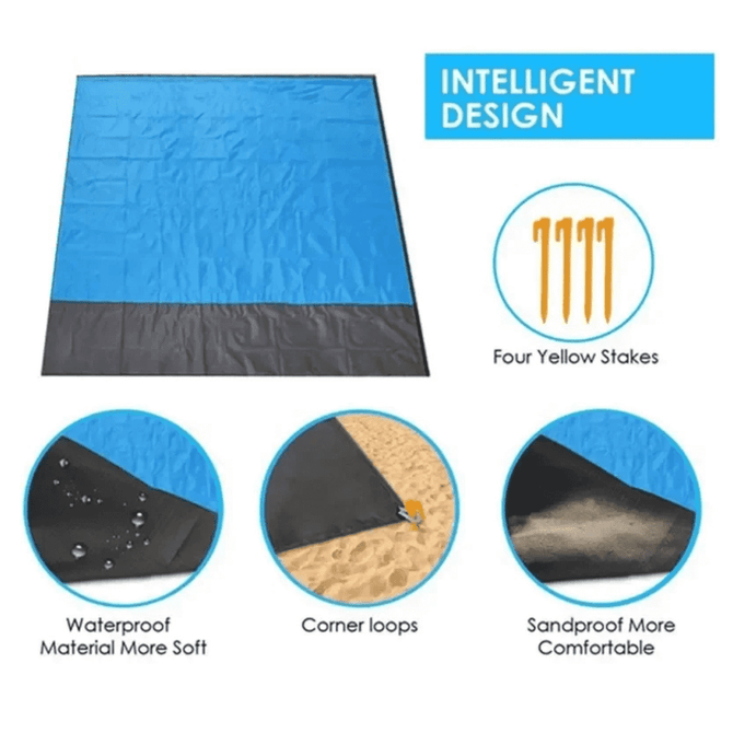 A polyester picnic blanket in pouch, featuring a blue and black design with corner loops and waterproof materials.