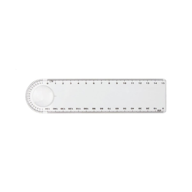 A transparent magnifying ruler, 15cm in length, featuring measurements and a circular magnifying section.