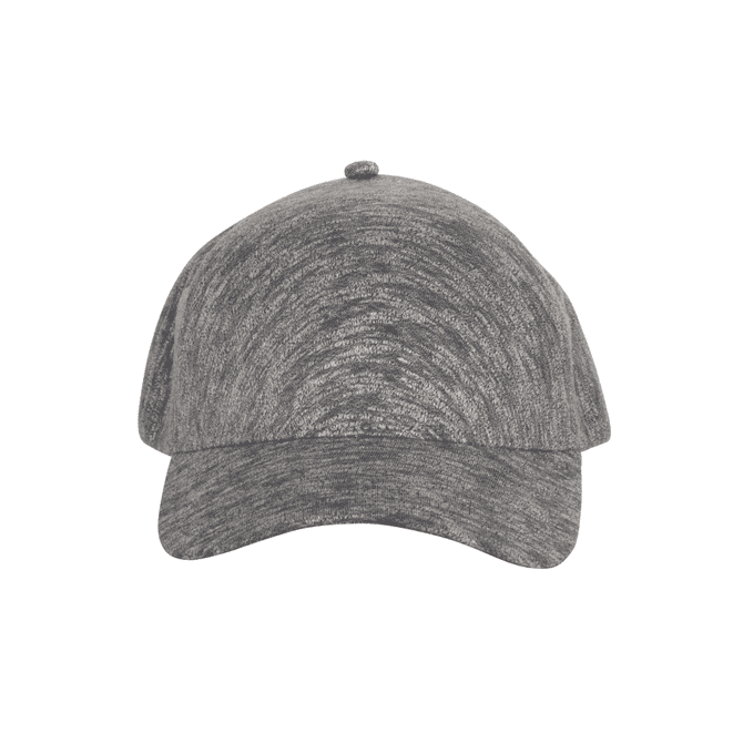 A grey Heather One Panel Cap featuring a button on top and a curved brim, with branding present.