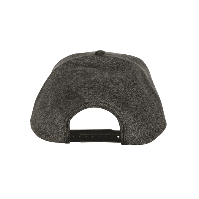 A black and grey two-panel cap with a round back and adjustable strap. The cap features a logo.