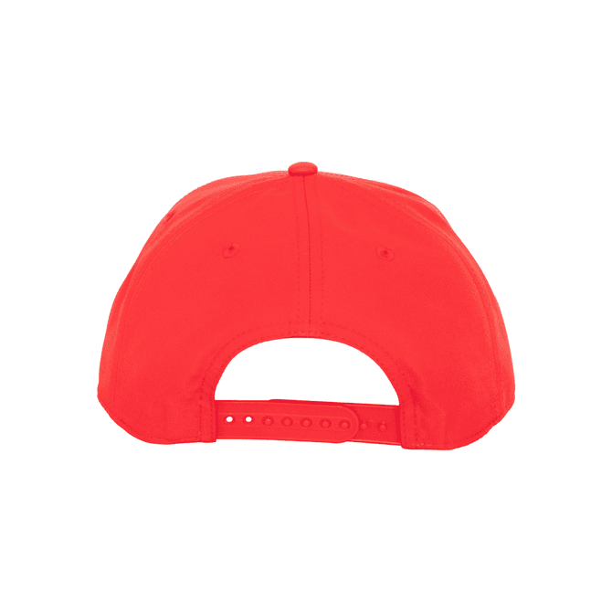 A red polyester cap featuring a custom braid and a logo on the back.