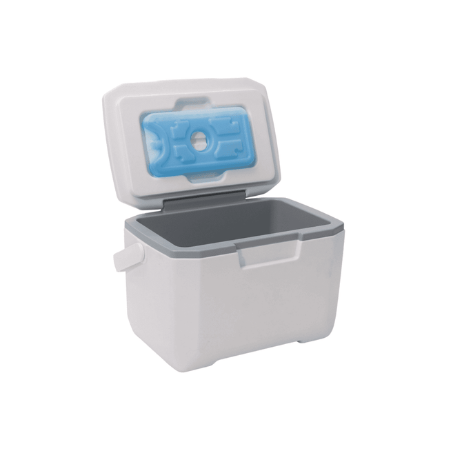 A white 6L cooler box with a grey rim and an open lid, featuring a blue ice pack inside.