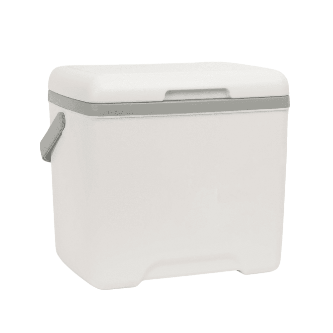 A 13L cooler box in white with a grey lid and handle, featuring a logo.