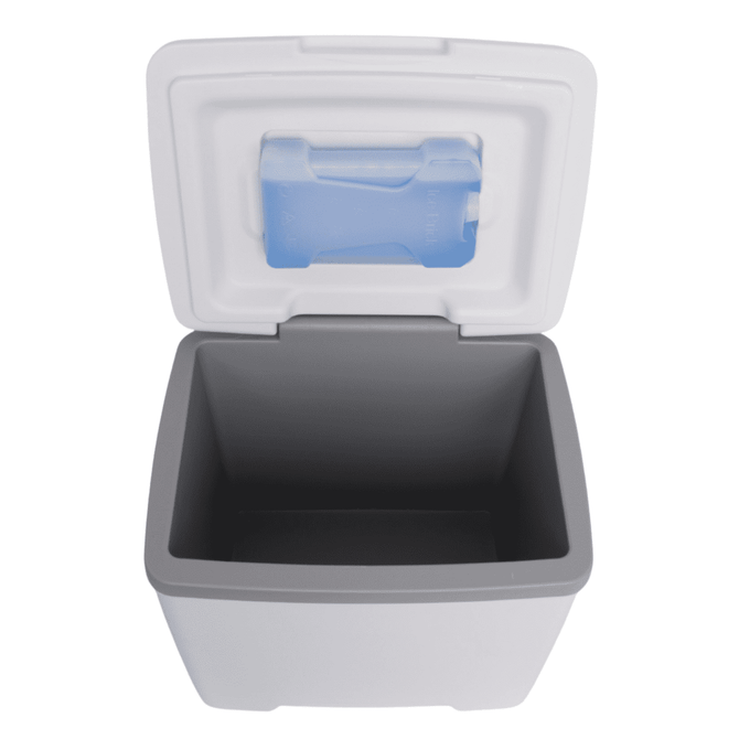 A 13L cooler box in grey and white, featuring a removable ice pack inside. It has a logo on the exterior.