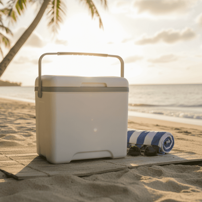 A white 13L cooler box on a sandy beach, accompanied by a blue-striped towel and sunglasses.