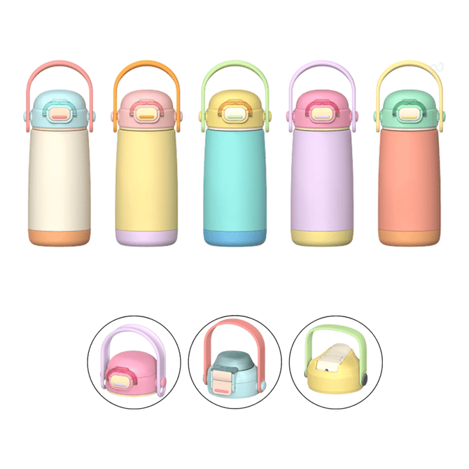 A drink bottle set featuring five pastel-coloured stainless steel bottles with removable lids and handles. Each bottle has a logo.