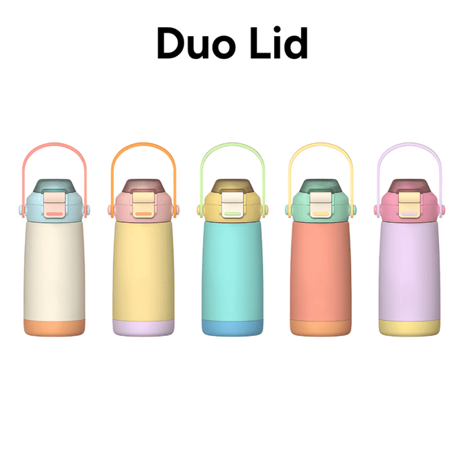 A drink bottle collection featuring pastel colours with a duo lid design. Each bottle has a handle and a logo.
