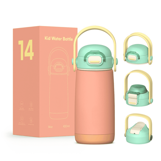A drink bottle in pastel pink and mint green, featuring a handle and a lid, with an accompanying box in the background.
