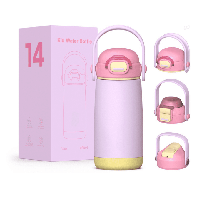 A drink bottle in pink and yellow, featuring a handle and a logo, with a box designed for kids' use.