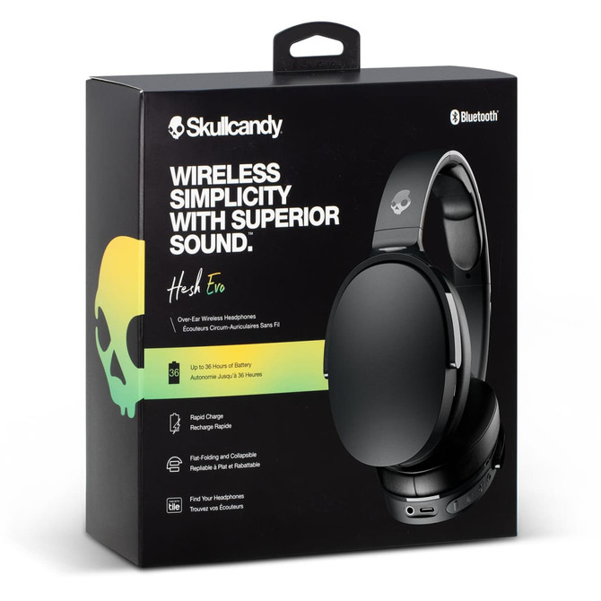 A set of black Skullcandy Hesh Evo headphones in packaging featuring a logo, with wireless connectivity details visible.